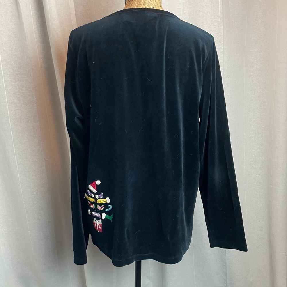 Michael Simon Lite Black Velour Christmas Tree Pullover Shirt Large Embroidered - Picture 2 of 7